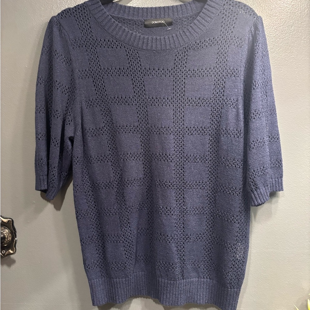 Dokotoo Navy Open-Knit Semi-sheer Lightweight Mid Sleeve Crewneck Sweater
